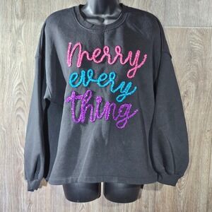 State of Mine Merry‎ Everything Black Crewneck Holiday Sweatshirt Size Medium